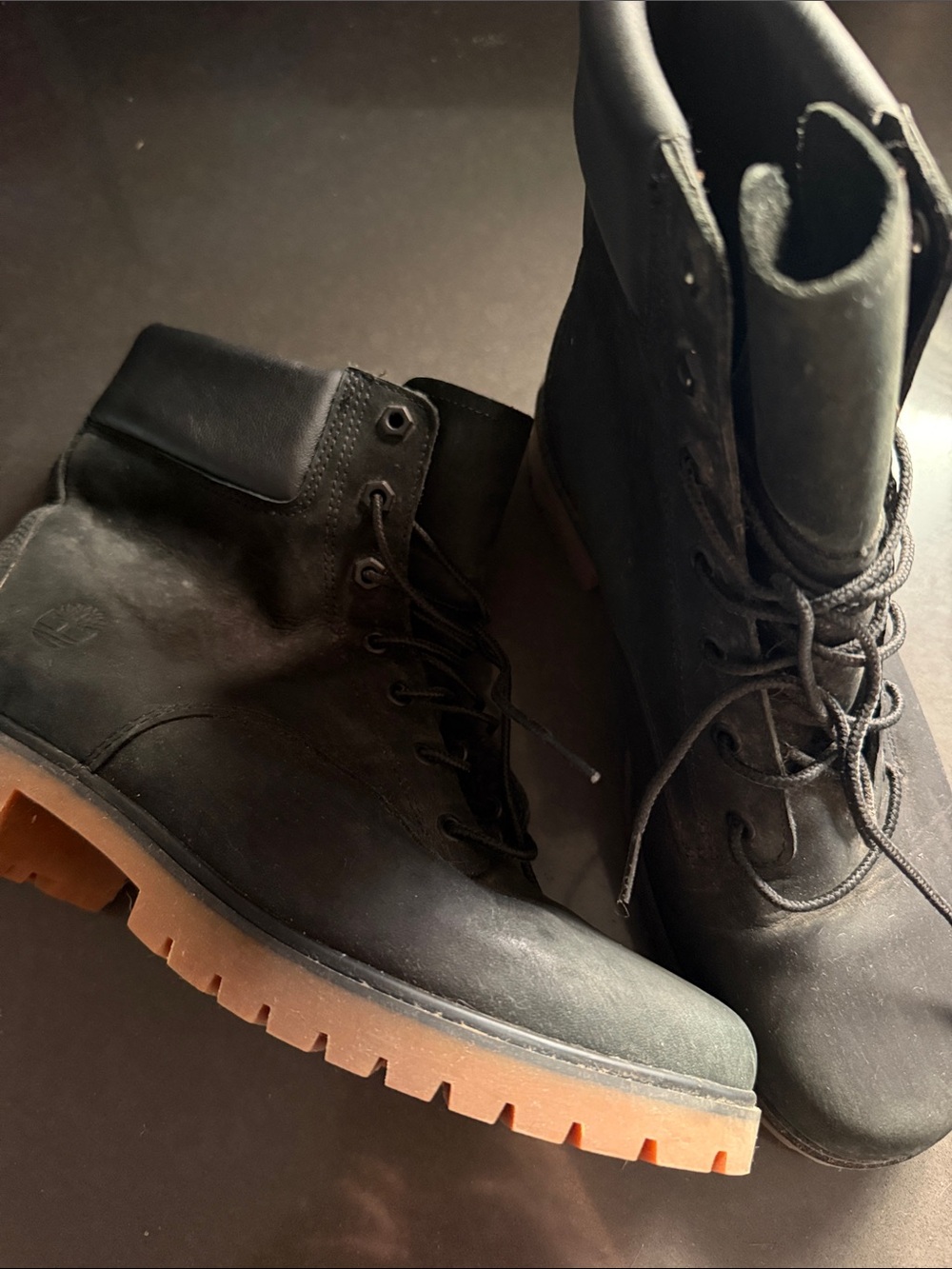 Timberland Women’s Black Leather Boots with Tan Lug Sole